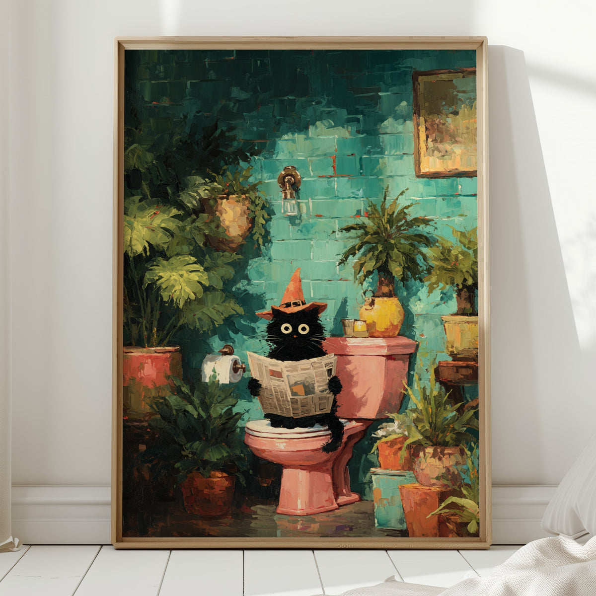 Framed cat illustration wall art with a black cat reading a newspaper from a plant pot