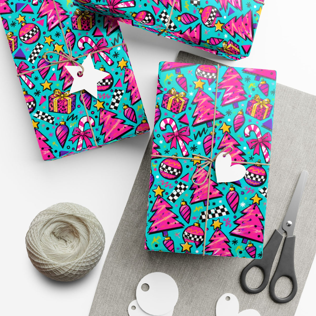 Christmas gift wrap paper, colorful comic-style pattern with gifts, bows, and candy cane