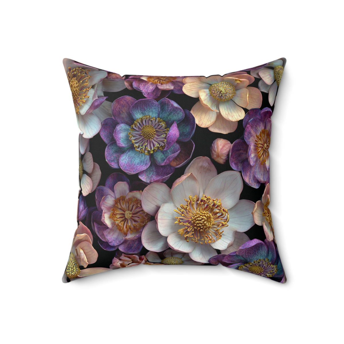 Square floral cushion with layered purple and white flowers and gold-tone details
