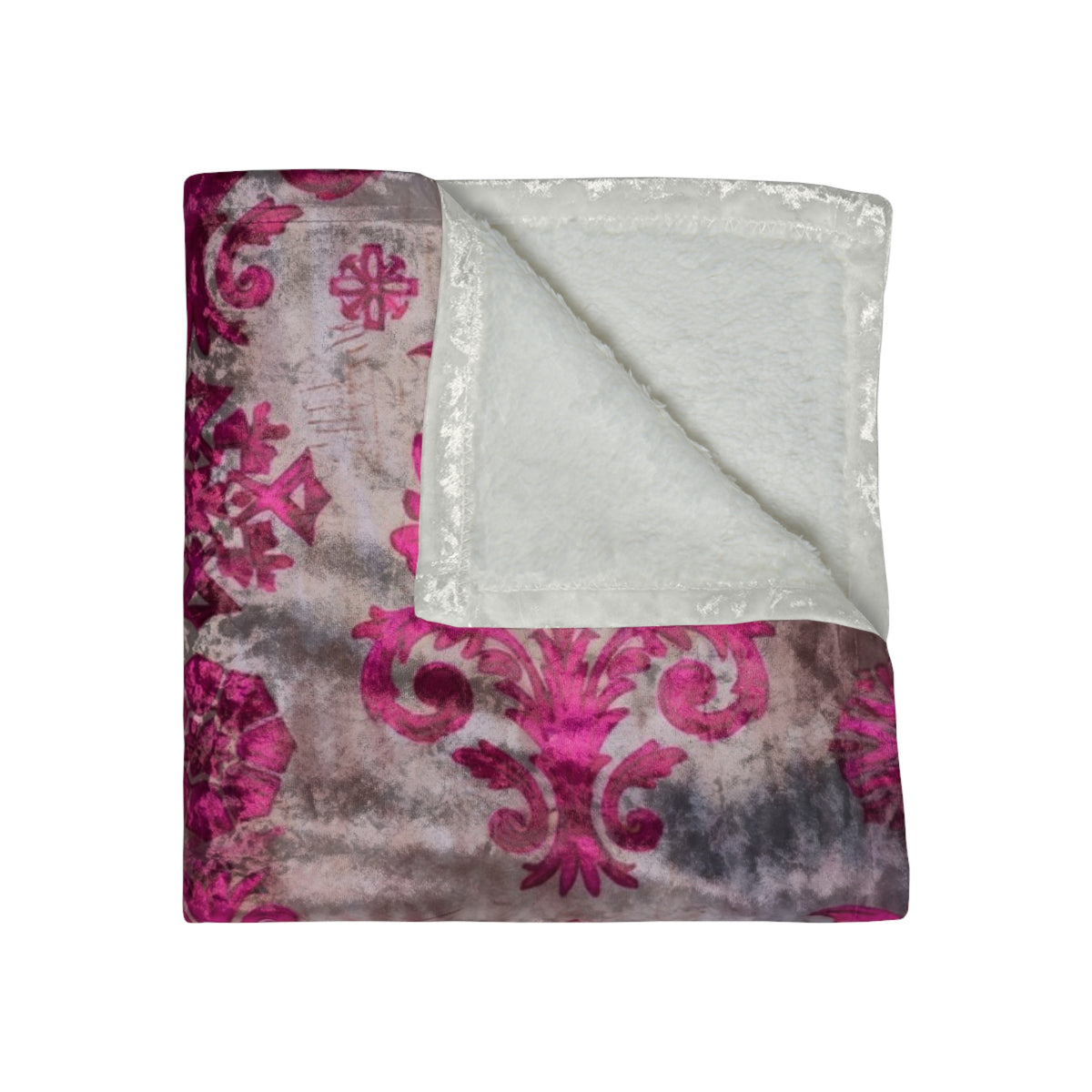 Damask Pink Crushed Velvet Blanket | Ornate Baroque Pattern, Plush Throw
