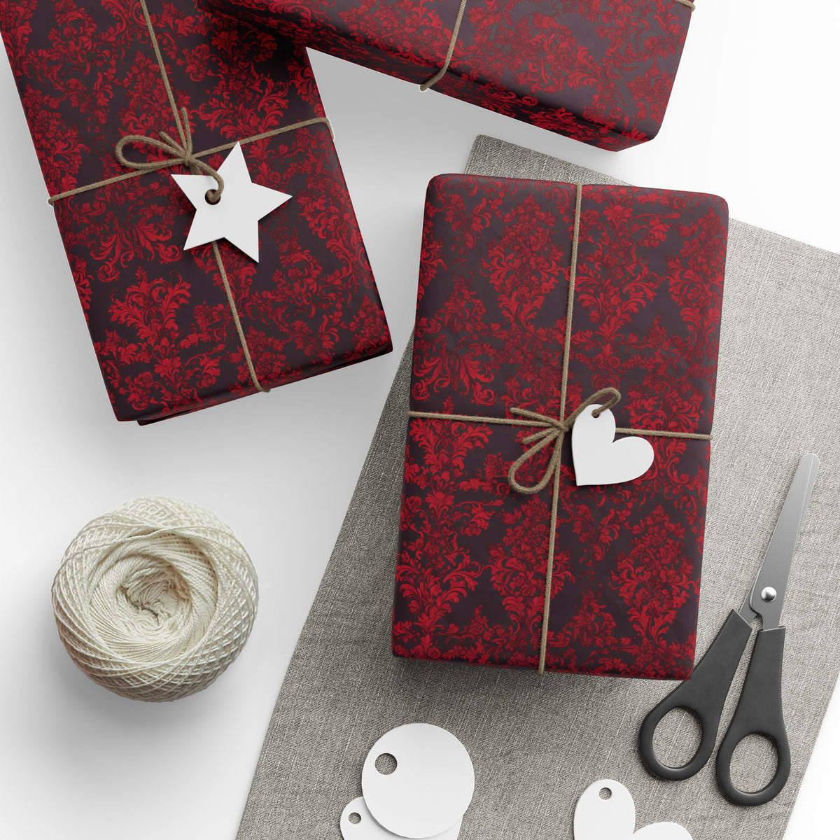 Red Damask Wrapping Paper Roll — Elegant Burgundy Floral Gift Wrap for Weddings & Holidays