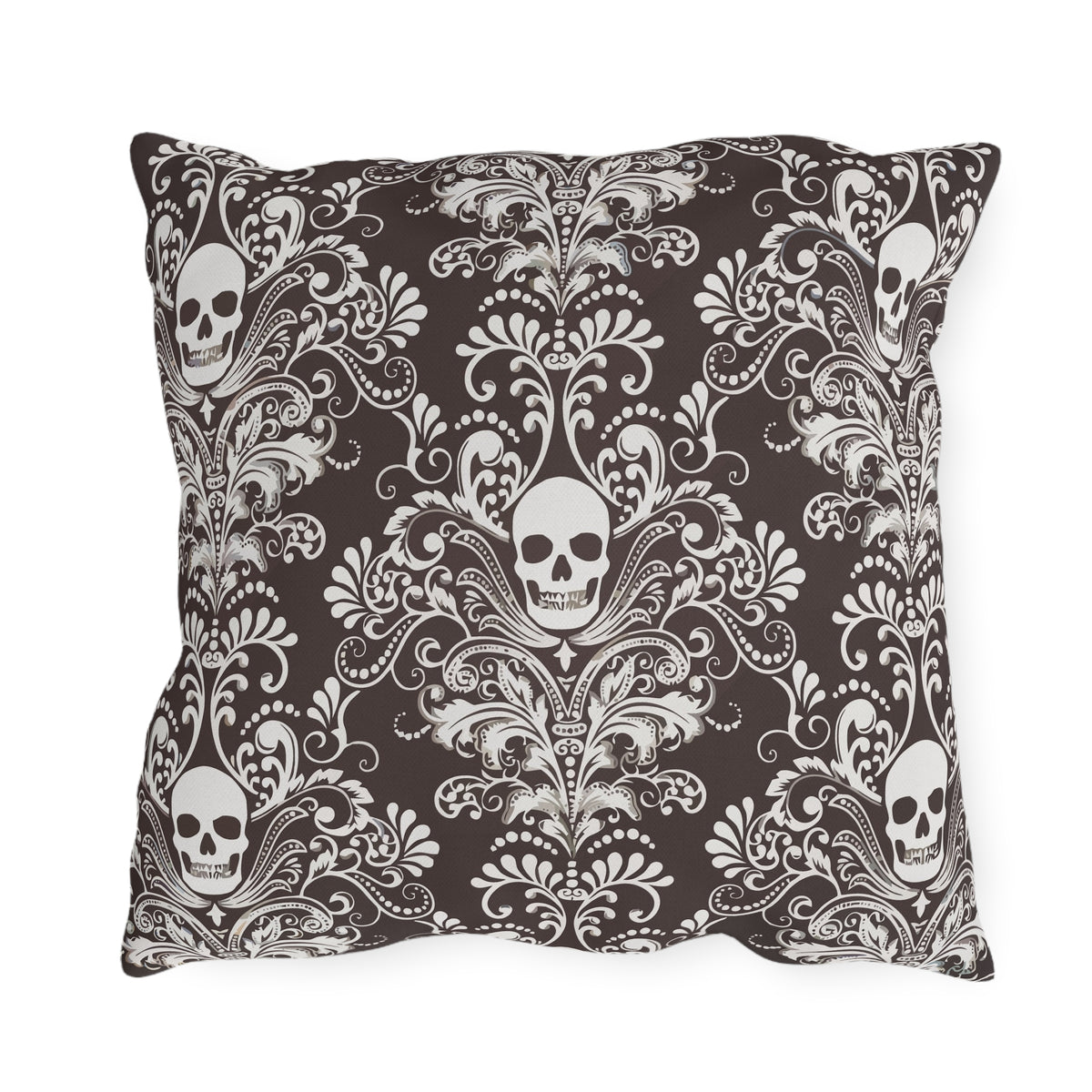 Brown Skull Damask Outdoor Pillows | Gothic Pattern Throw Pillow