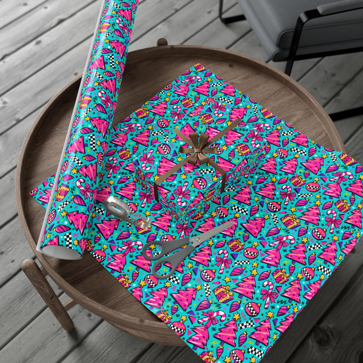 Colorful Christmas gift wrap paper sheet with pink, teal, stars, presents, and candy canes