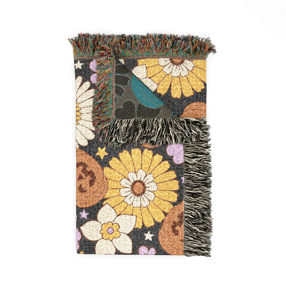 Retro Floral Pumpkin Pattern Woven Blanket | Autumn Daisy Throw