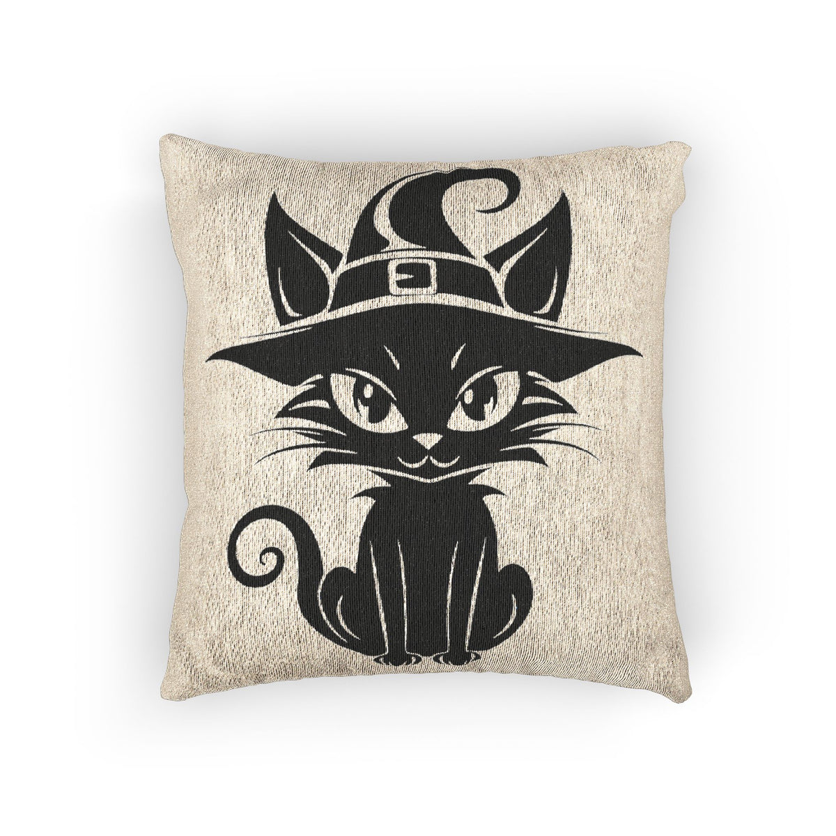 Beige woven witch cat pillow with large black cat-in-hat illustration