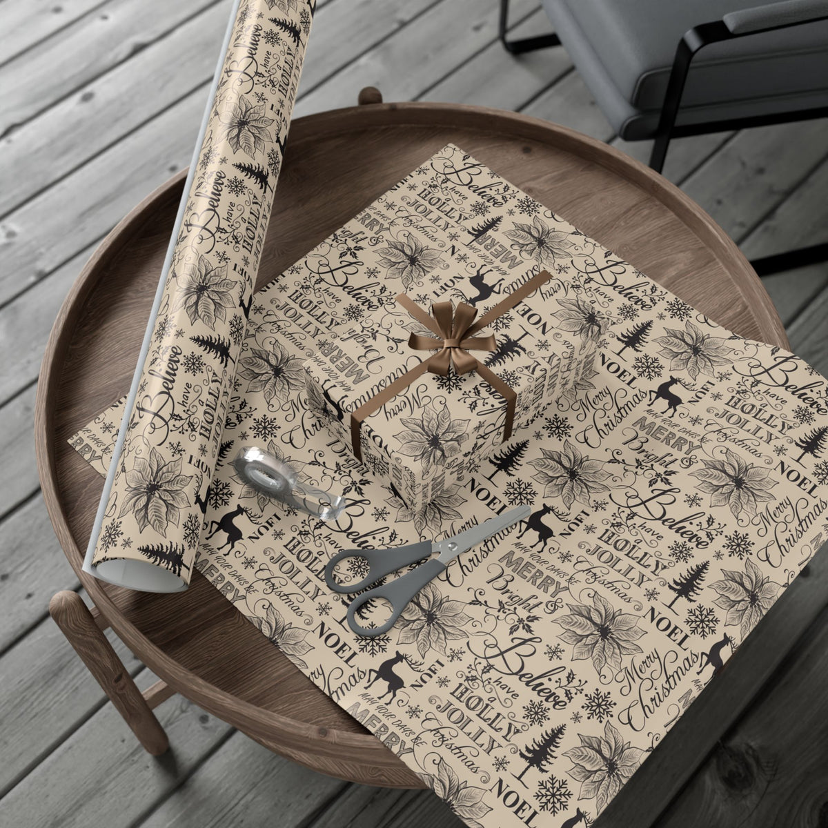 Christmas gift wrap paper roll and sheet, cream with black Noel/Believe text, pine and snowflakes