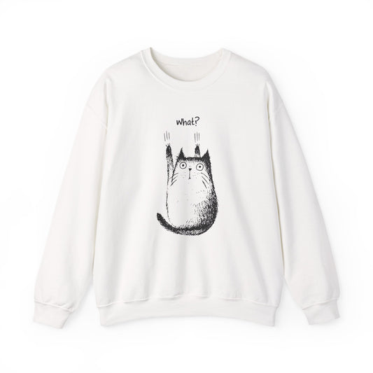 White sweatshirt with surprised cat graphic and 'What?' text on front.