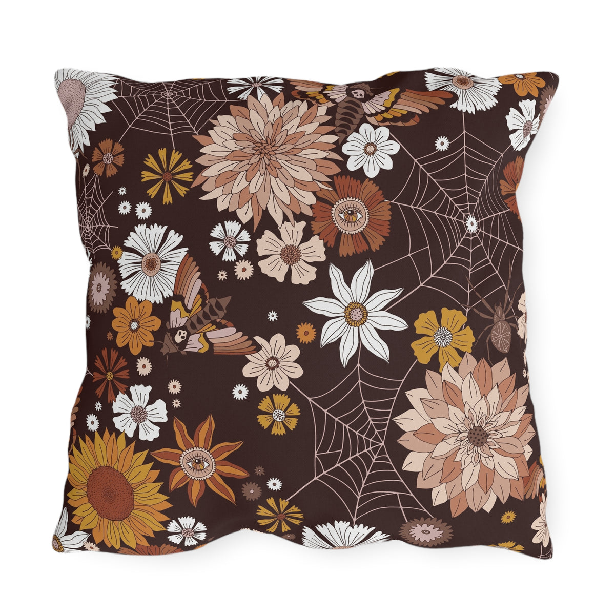 Outdoor Pillow — Brown Floral & Spiderweb Fall Decorative Cushion
