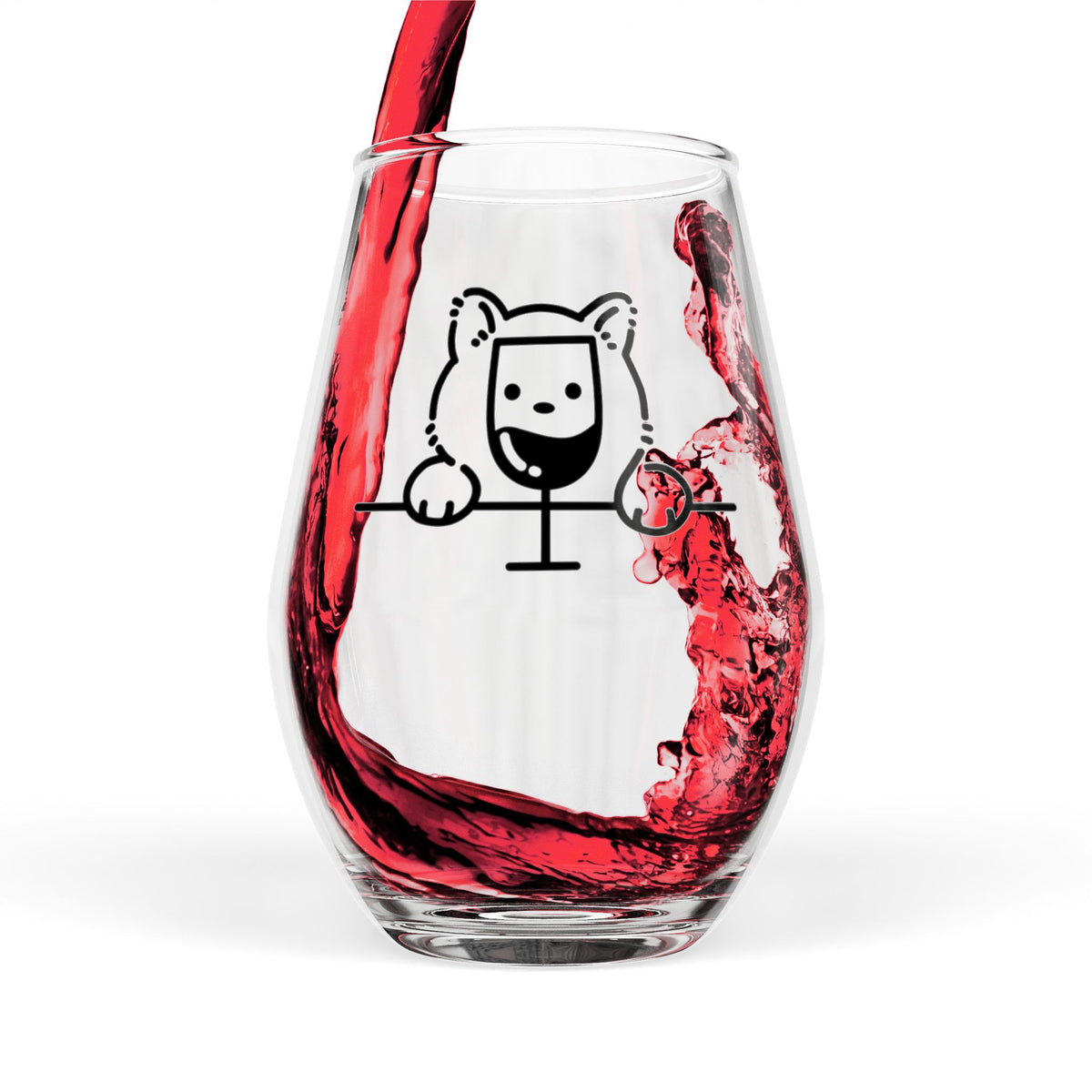 Clear stemless wine glass with black cat peek illustration, red wine fill and splash