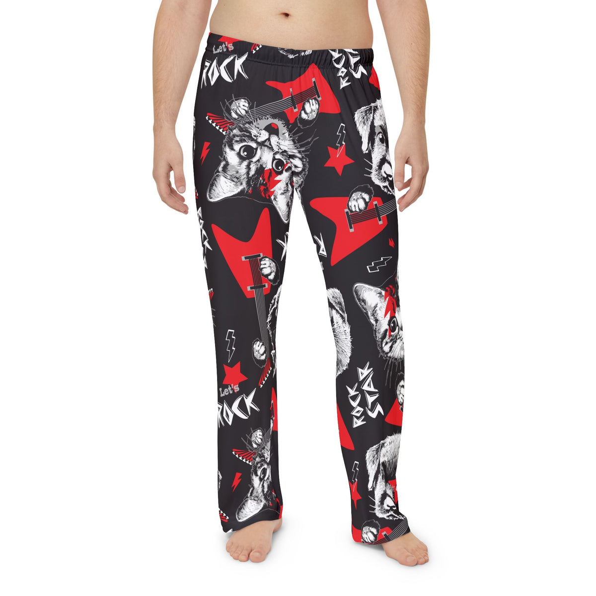 Men's Rockin Cats & Dogs Pajama Pants — Red & Black All-Over Print "Let's Rock" Lounge Pants