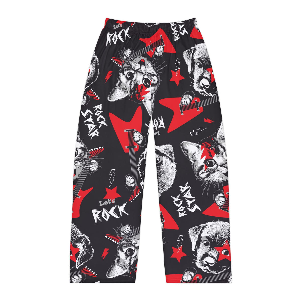 Men's Rockin Cats & Dogs Pajama Pants — Red & Black All-Over Print "Let's Rock" Lounge Pants