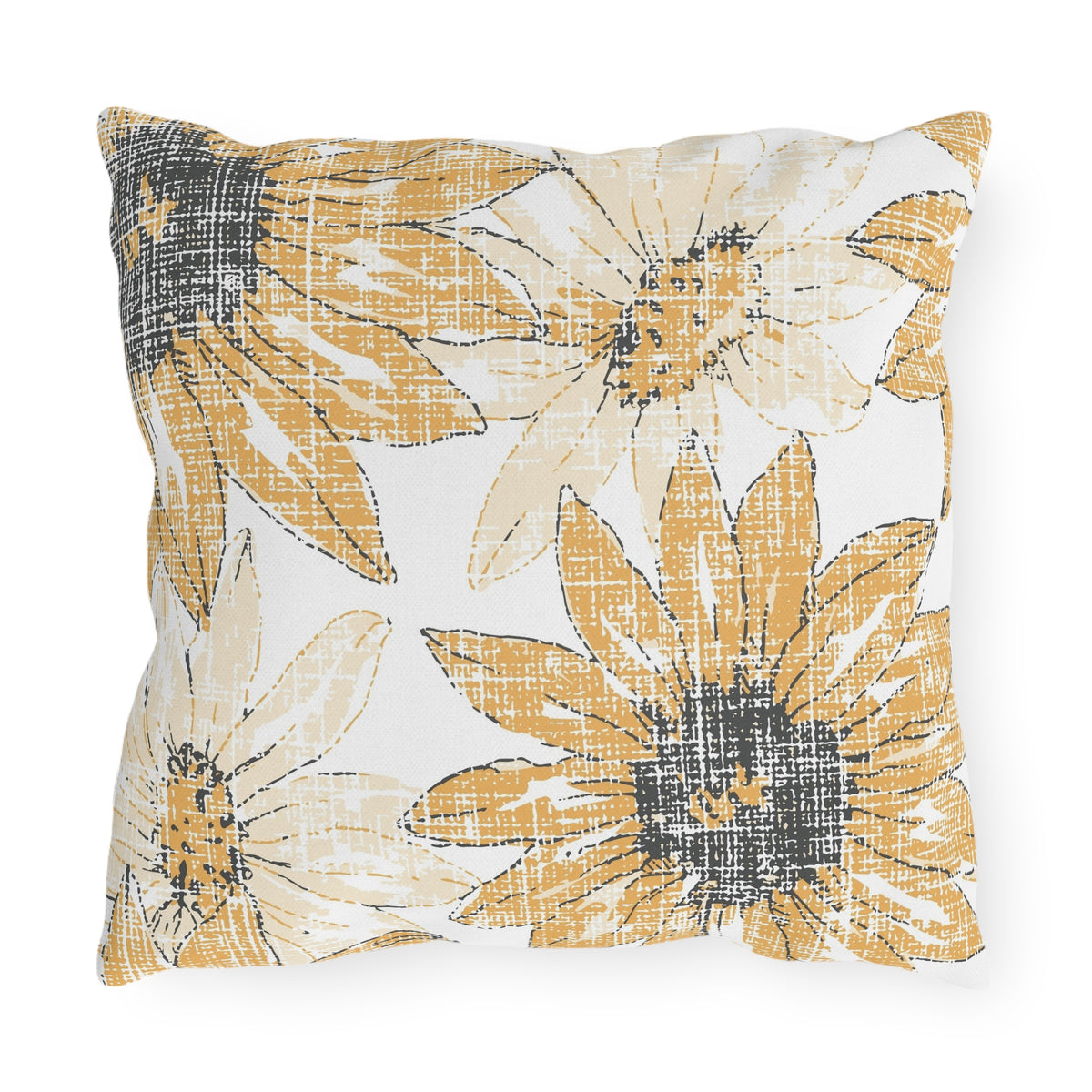 Sunflower Sketch Outdoor Pillow — Yellow Floral Patio Cushion
