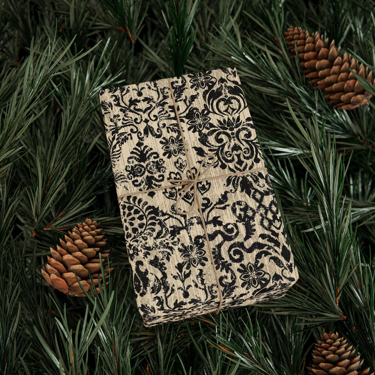 Damask Gift Wrapping Paper Roll — Vintage Black & Cream Floral Pattern