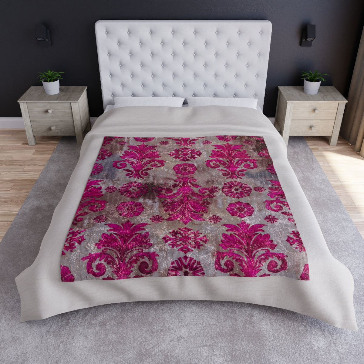 Damask Pink Crushed Velvet Blanket | Ornate Baroque Pattern, Plush Throw