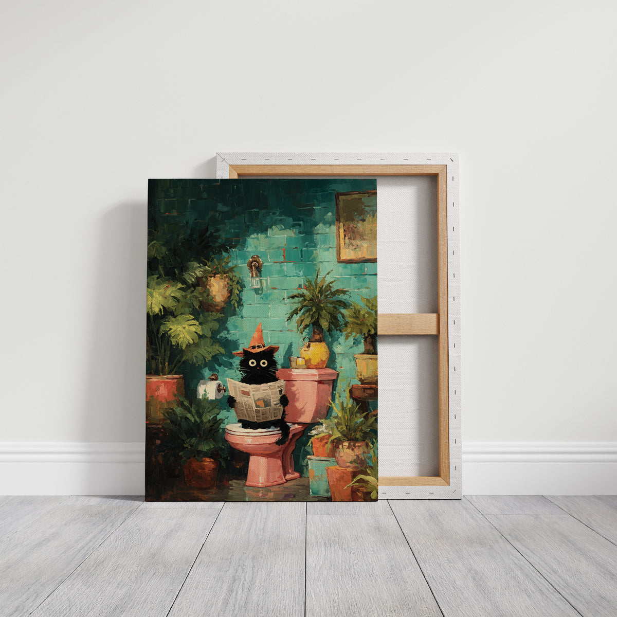 Framed cat print on white matting with teal garden scene and potted plants