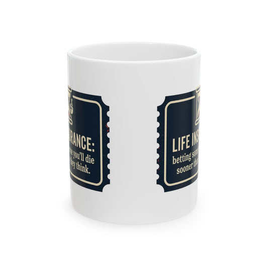 White ceramic mug back view with partial navy life insurance text label.