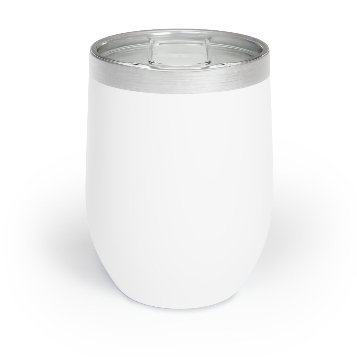 White insulated wine tumbler with clear lid and plain body, stainless rim.