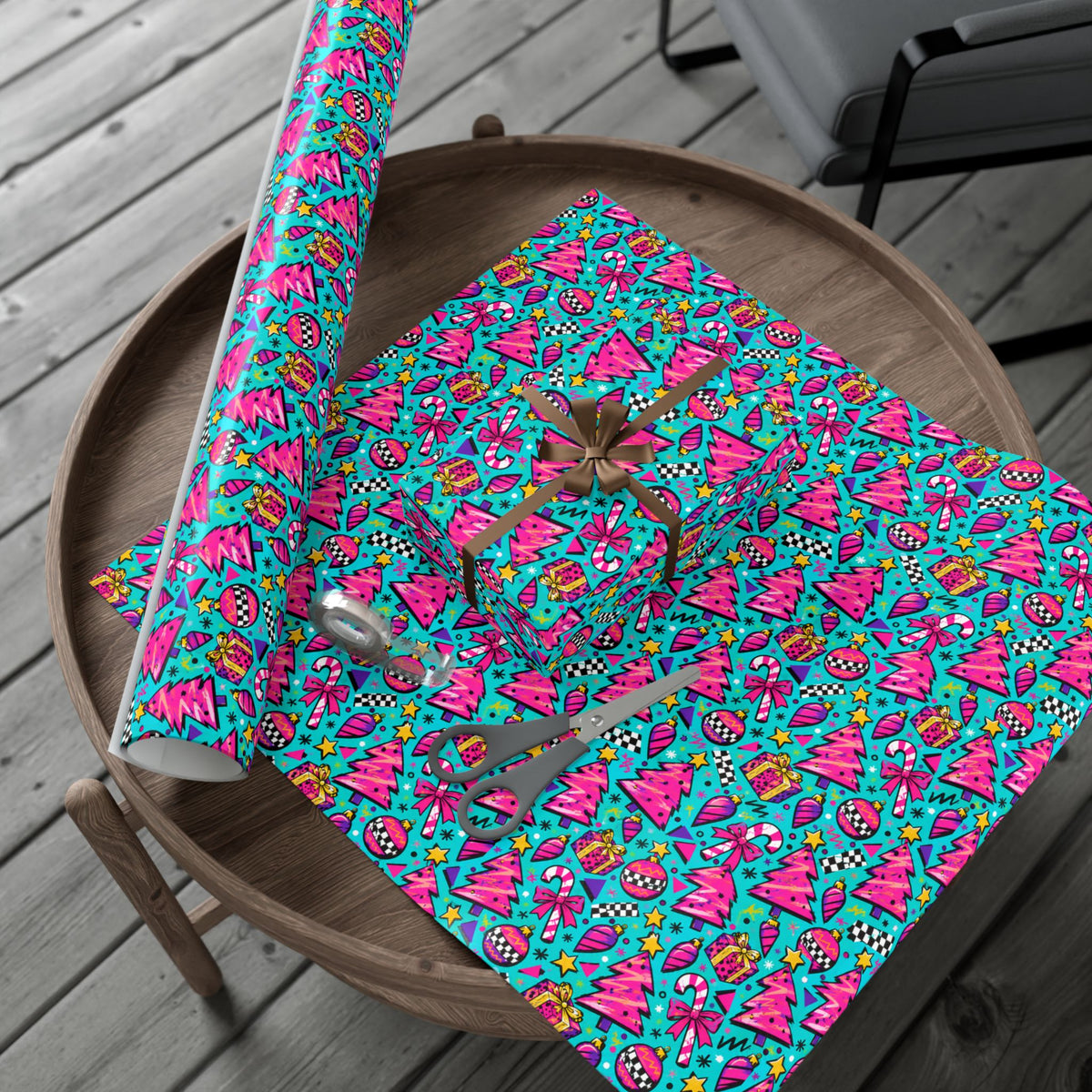 Christmas gift wrap paper, vivid holiday pattern sheet laid on round wooden tray