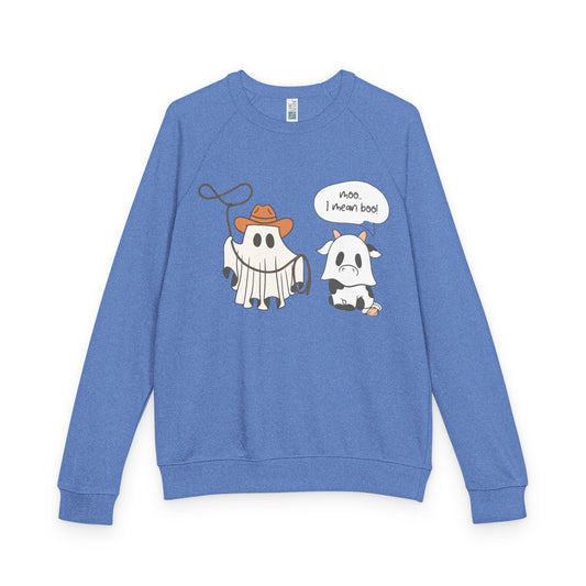 Heather blue crewneck sweatshirt with cartoon ghost cow and ghost calf print