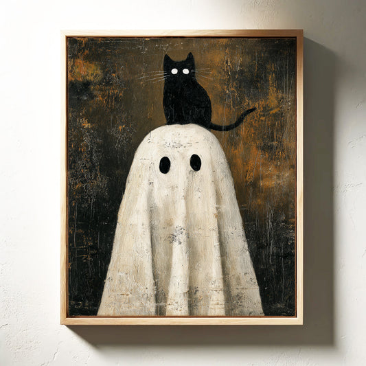 Rectangular framed wall art of a black cat above a white hooded figure on a dark background