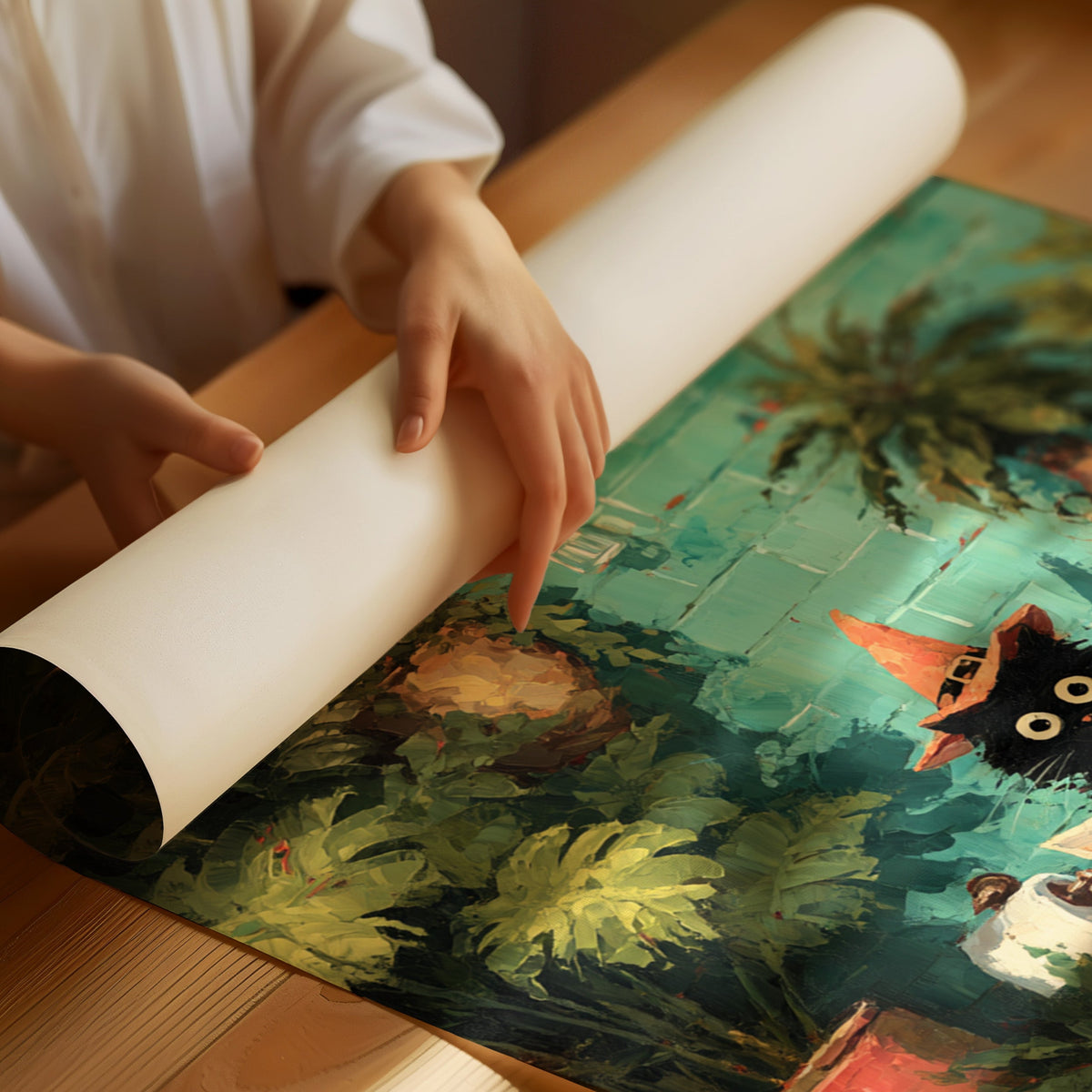 Hands unrolling a rolled print showing the cat scene with teal plants