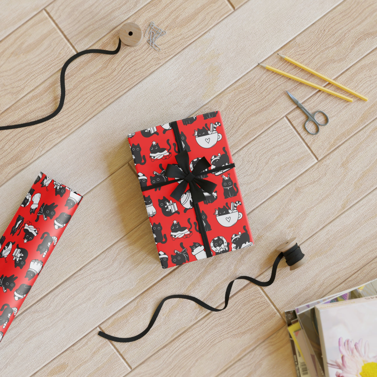 Cat Pattern Gift Wrap Roll — Red Holiday Wrapping Paper with Black & White Cats