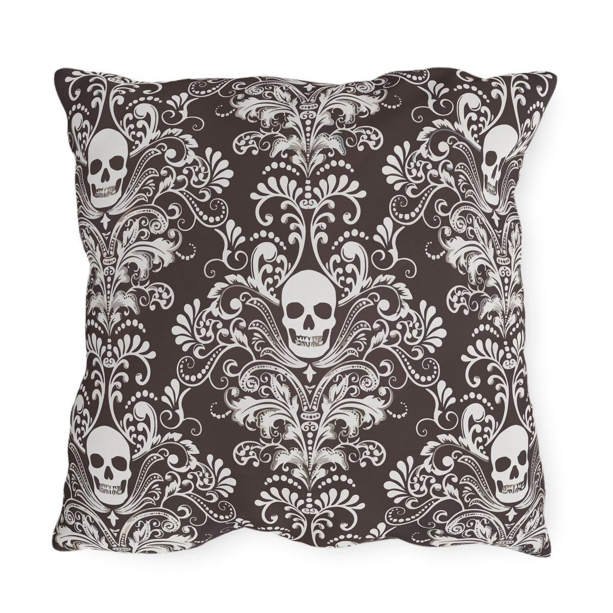 Brown Skull Damask Outdoor Pillows | Gothic Pattern Throw Pillow