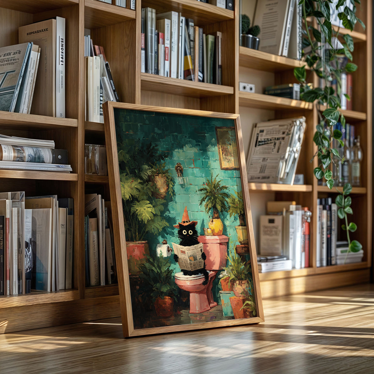 Framed cat reading newspaper print standing in a wooden bookshelf setting