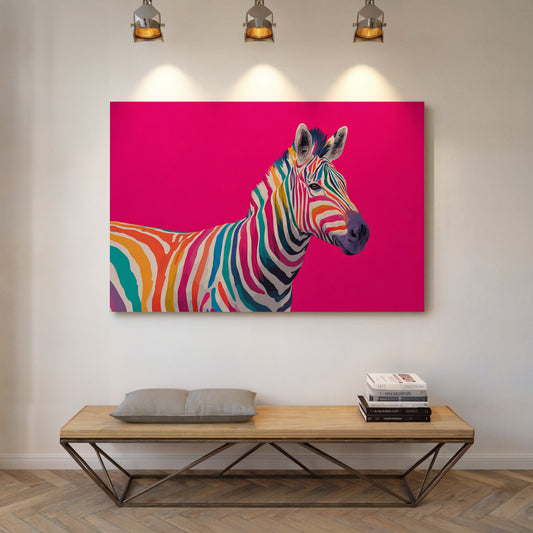 Framed zebra canvas wall art hanging in a room, bright pink background and stripes