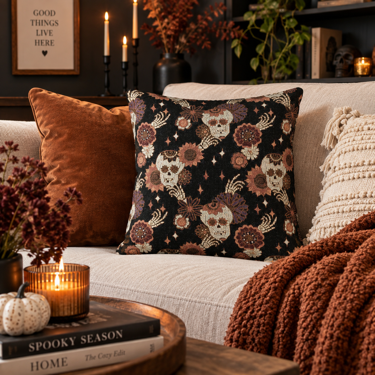 Skull and Roses Woven Pillow | Gothic Floral Pattern, Dark Boho Decor