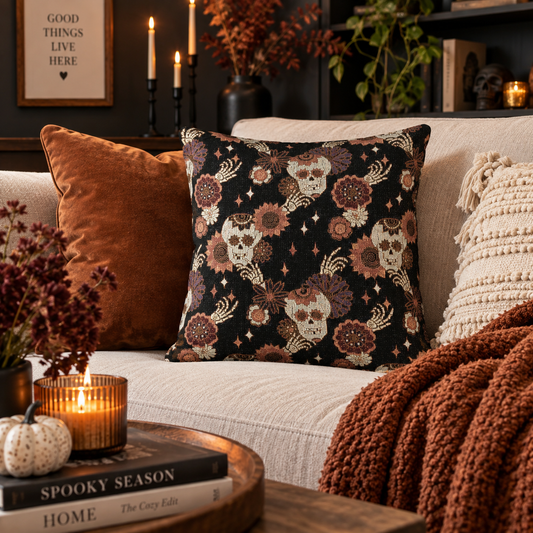 Square woven pillow with dark skull-and-rose floral pattern