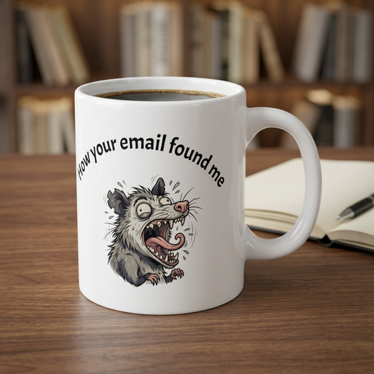 White coffee mug filled with coffee, featuring a gray possum head and "How your email found me"