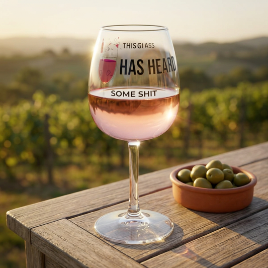 Stemmed wine glass with printed 'HAS HEARD' and 'SOME SHIT' on dark red wine