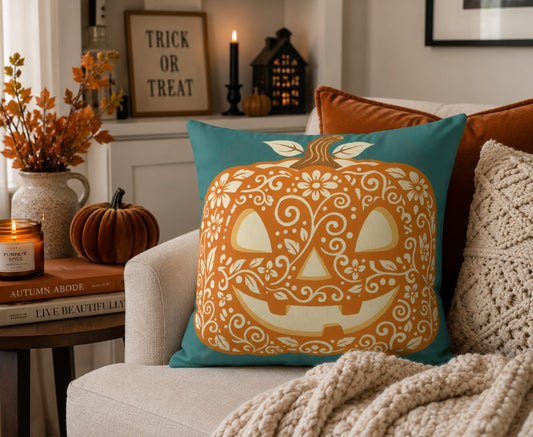 Square decorative Halloween pillow with teal border and orange sugar skull pumpkin design