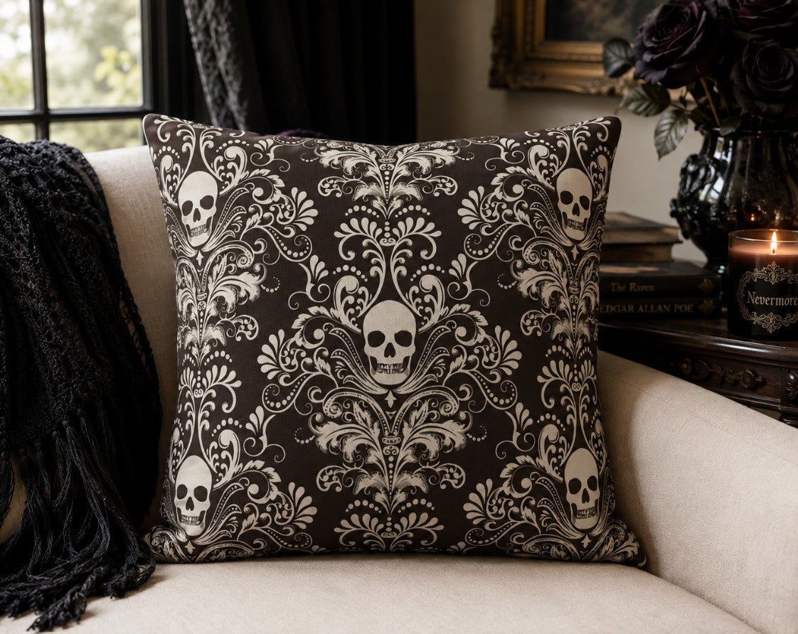 Brown Skull Damask Outdoor Pillows | Gothic Pattern Throw Pillow