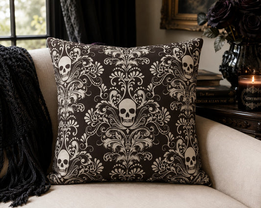 Brown Skull Damask Outdoor Pillows | Gothic Pattern Throw Pillow