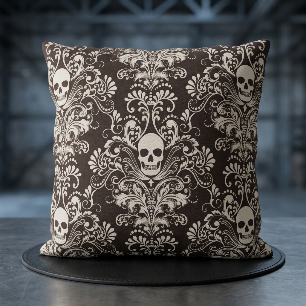 Brown Skull Damask Outdoor Pillows | Gothic Pattern Throw Pillow