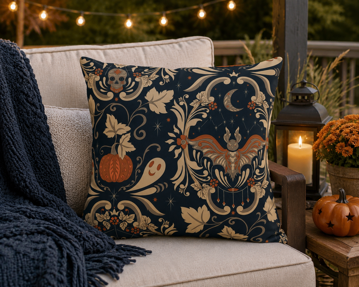 Halloween Floral Outdoor Pillow – Vintage Bat, Pumpkin & Ghost Pattern
