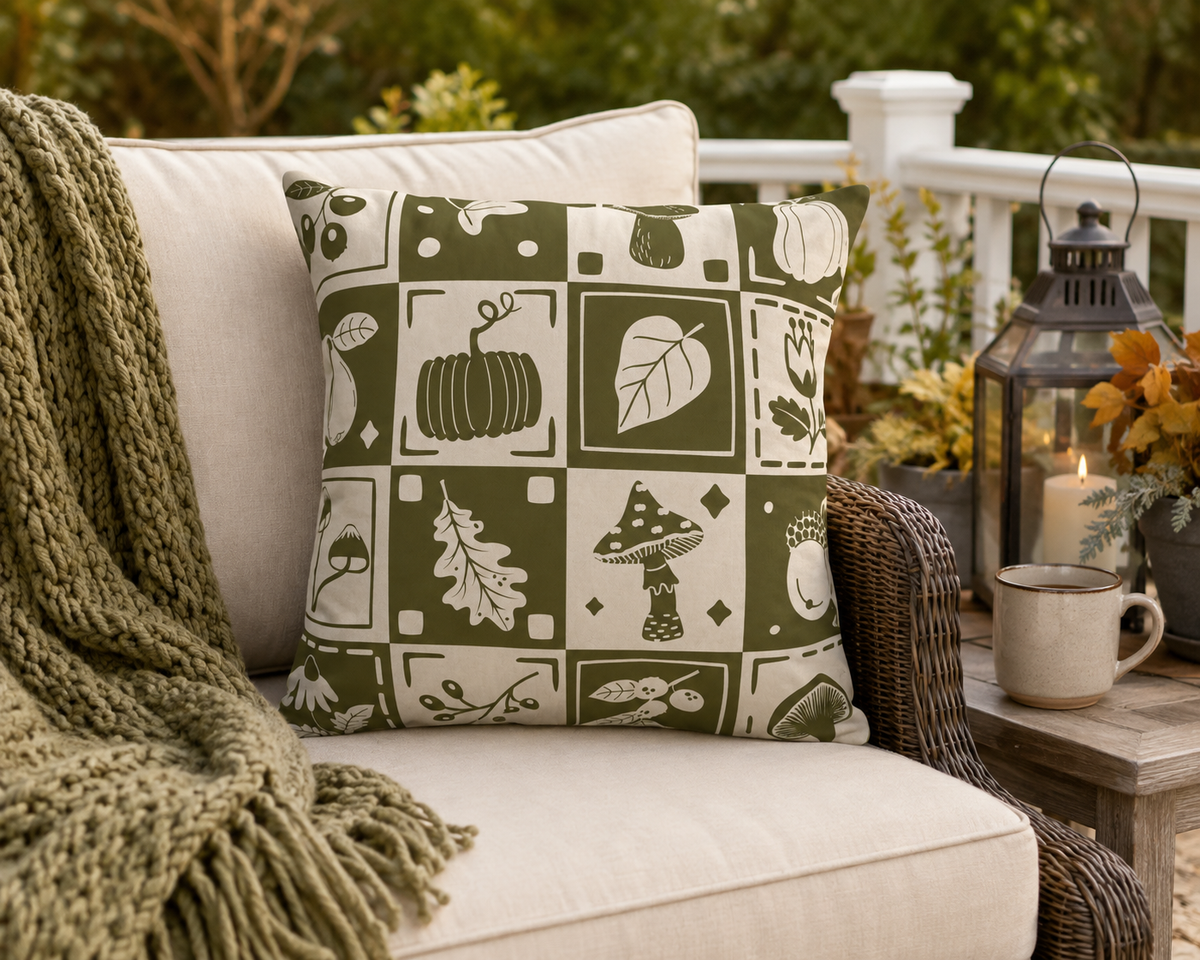 Autumn Botanicals Outdoor Pillow | Pumpkin Leaf Mushroom Acorn Pattern