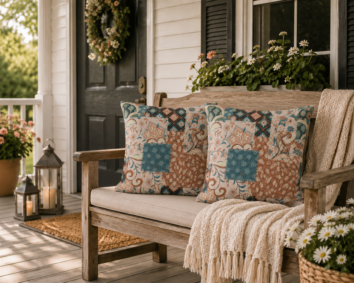 Boho Patchwork Floral Throw Pillow | Outdoor Pillow