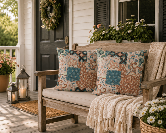 Patchwork floral outdoor throw pillow set with teal, tan, and brown blocks