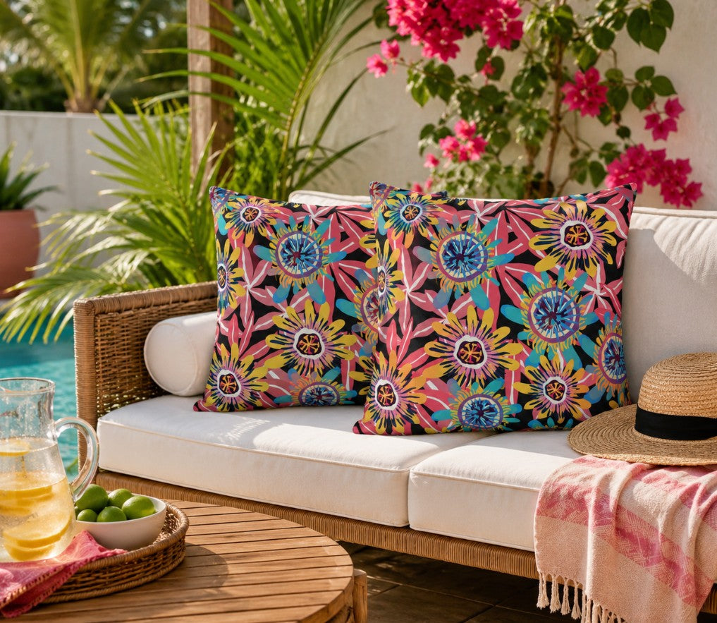 Abstract Floral Pattern Outdoor Pillows | Colorful Tropical Blossom Cushion
