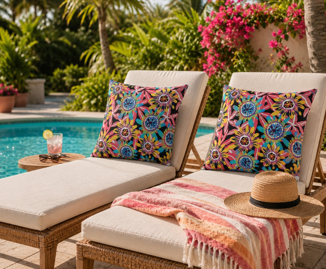 Abstract Floral Pattern Outdoor Pillows | Colorful Tropical Blossom Cushion
