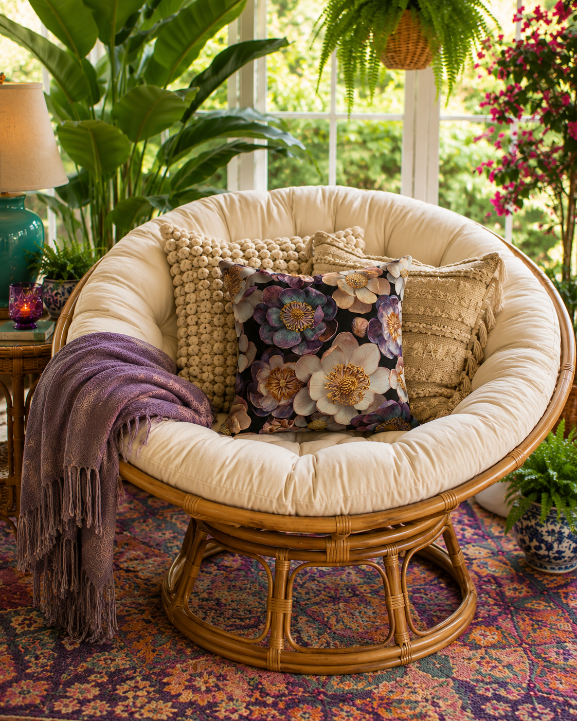 Floral cushion with purple and gold flower print, rounded bead-trim sides
