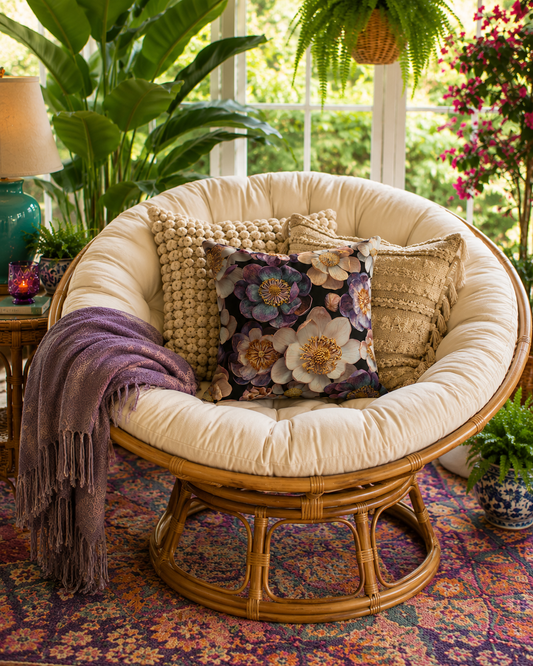 Floral cushion with purple and gold flower print, rounded bead-trim sides