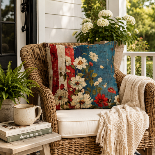 Vintage outdoor throw pillow with floral American flag design, red white and blue.