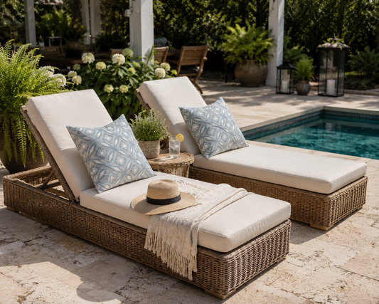 Blue Coastal Outdoor Throw Pillow | Poolside Patio Cushion | Southern Porch Decor | Wicker Chair Accent Pillow | Cottage Coastal Patio Style
