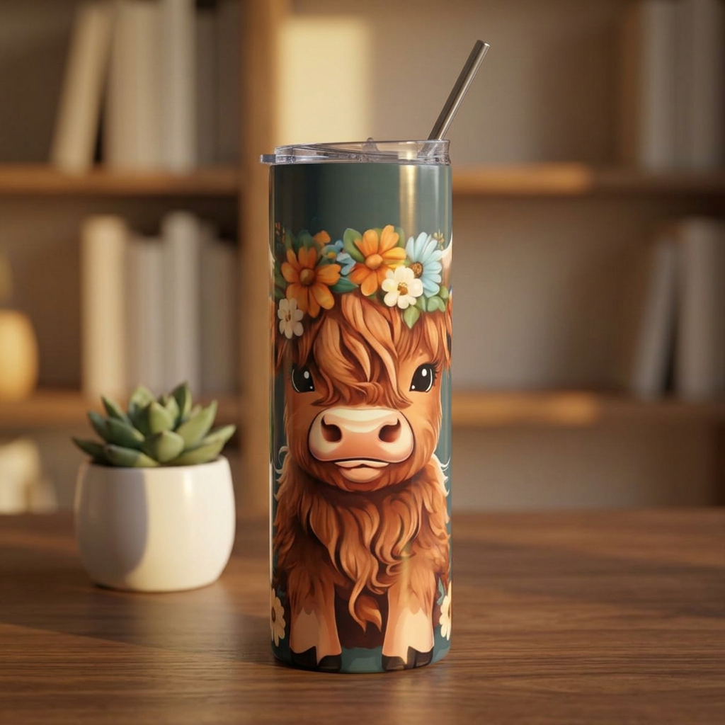 20oz Highland Cow Floral Tumbler — Stainless Steel Travel Cup