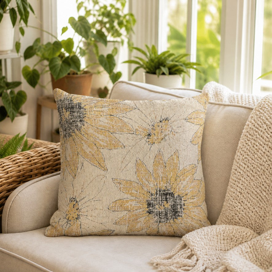 Sunflower Woven Indoor Pillow | Yellow Floral Throw Cushion, Rustic Farmhouse Decor