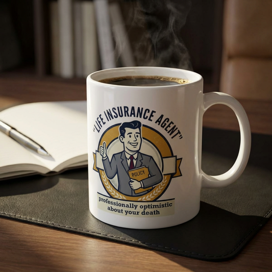 White ceramic mug with printed life insurance agent design, filled with coffee on a notebook.